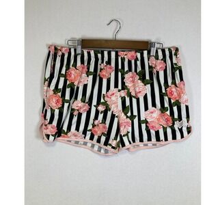Floral Stripe Betsey Johnson Women Large Pink Black White Pajama Shorts Heart